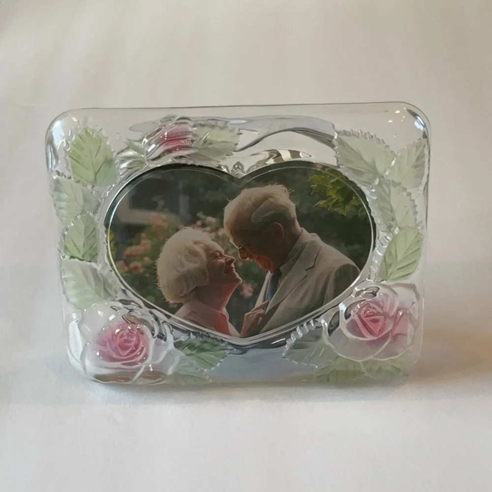NWB-Vintage crystal rose heart shaped Art Deco picture frame 4 1/2 X 6 in